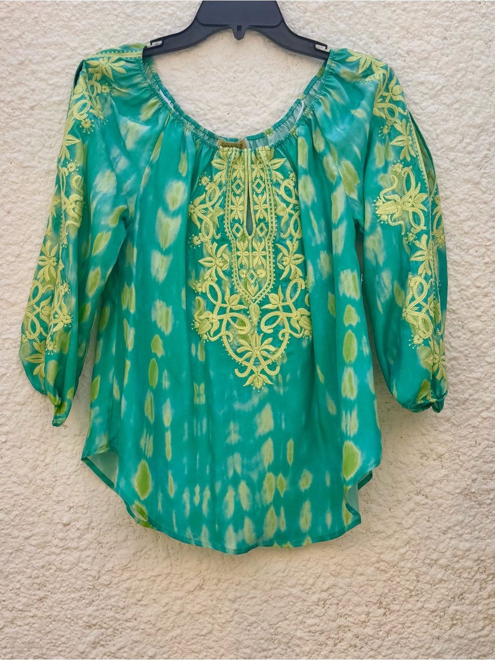 Sigrid Olsen Green and Yellow Embroidered Tie-Dye Peasant Top